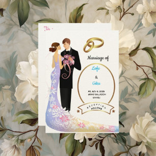 Felt Ecru Paper Couple and Rings Wedding  Invitation