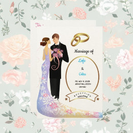 Felt Ecru Paper Couple and Rings Wedding  Invitation