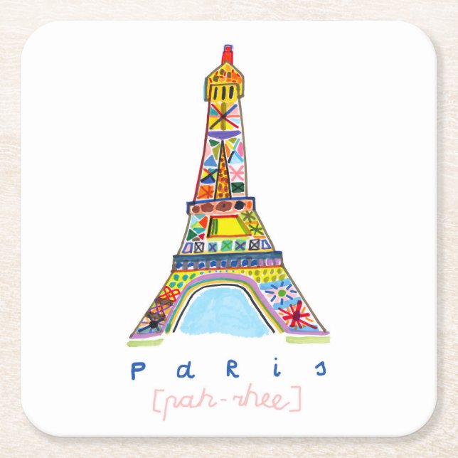 Felt Tip Drawing of Paris Square Paper Coaster (Front)