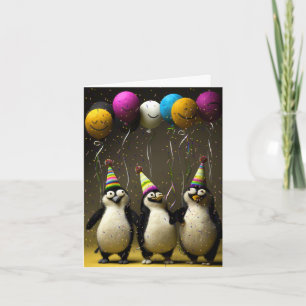 Felted Penguins Birthday Card with Balloons