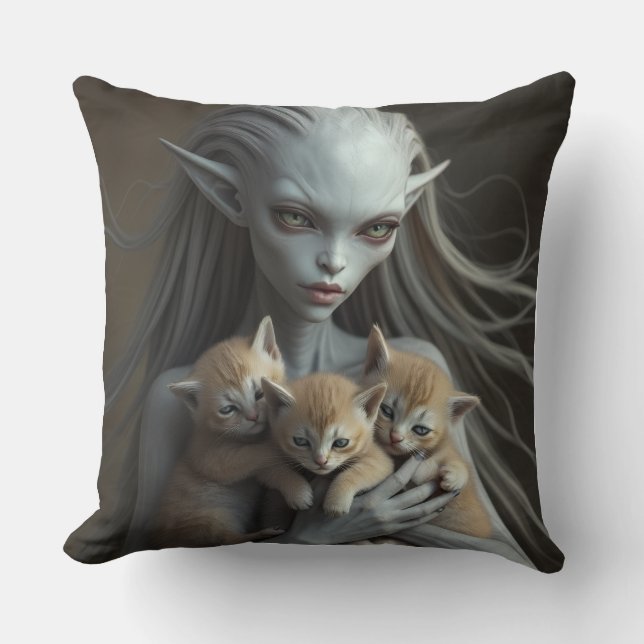 Female Alien Holding Kittens Cushion (Front)