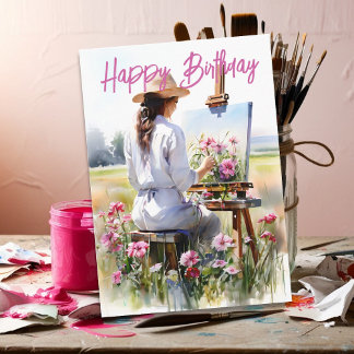 Female Artist Painting Flowers in a Field Birthday Card