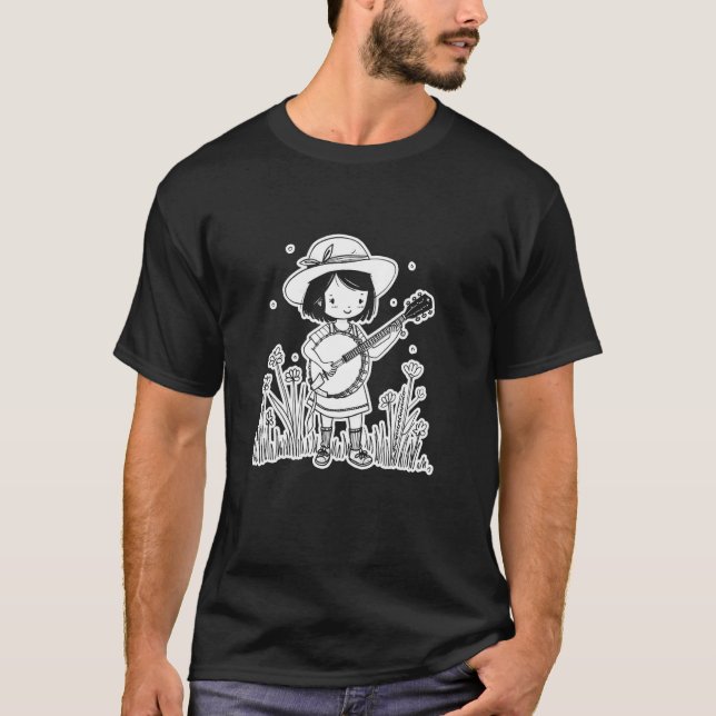 Female Banjo Player Cartoon Look for Girls T-Shirt (Front)
