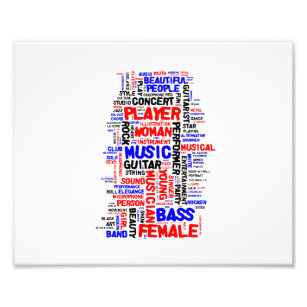 Female bass player wordle 1 red blue black photo print