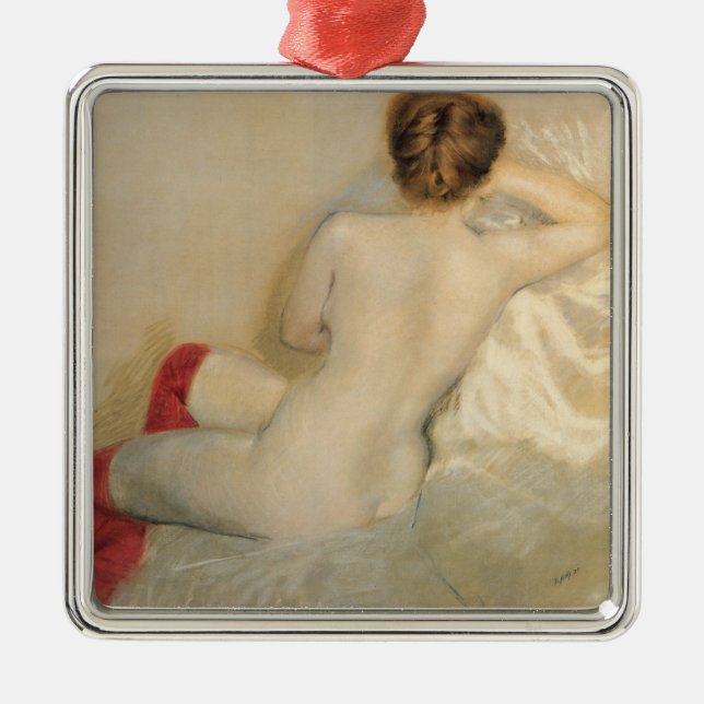 Female Beauty with Red Stockings Metal Ornament (Front)