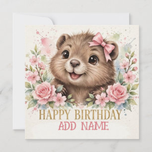 Female Beaver: Baby Animal Pastel bow & Flowers Card