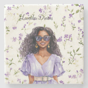 Female Black Hair Lavender Dress Dreams Floral Stone Coaster