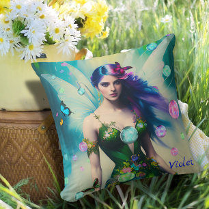 Female Blue Hair Fairy Portrait in Green Dress Cushion