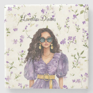Female Brown Hair Lavender Dress Dreams Floral Stone Coaster
