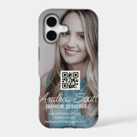 Female business boss add photo name q r code text