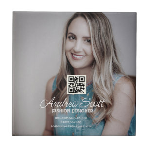 Female business boss add photo name q r code text ceramic tile