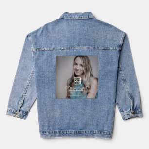 Female business boss add photo name q r code text denim jacket