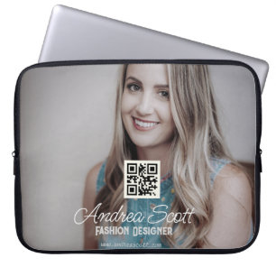 Female business boss add photo name q r code text laptop sleeve