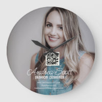 Female business boss add photo name q r code text
