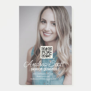 Female business boss add photo name q r code text post-it notes
