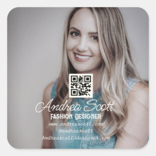 Female business boss add photo name q r code text square sticker