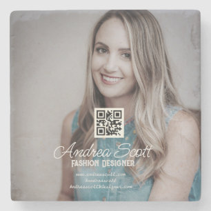 Female business boss add photo name q r code text stone coaster