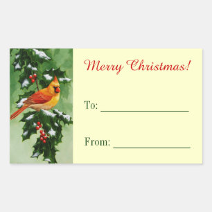 Female Cardinal and Holly Yellow Rectangular Sticker