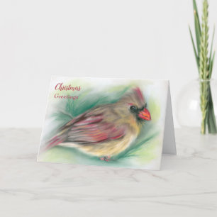 Female Cardinal Bird in Pine Pastel Art Christmas Card