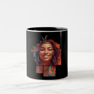 Female cheerful face in square Two-Tone coffee mug