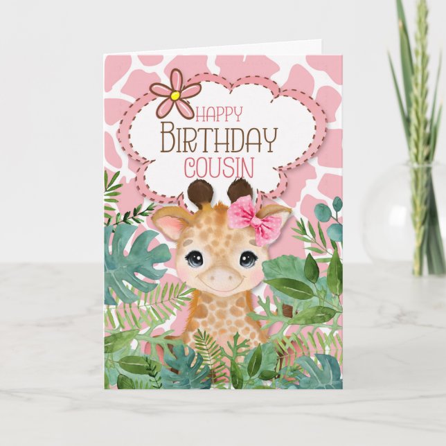 Female Cousin Pink Jungle Giraffe Themed Birthday Card (Front)