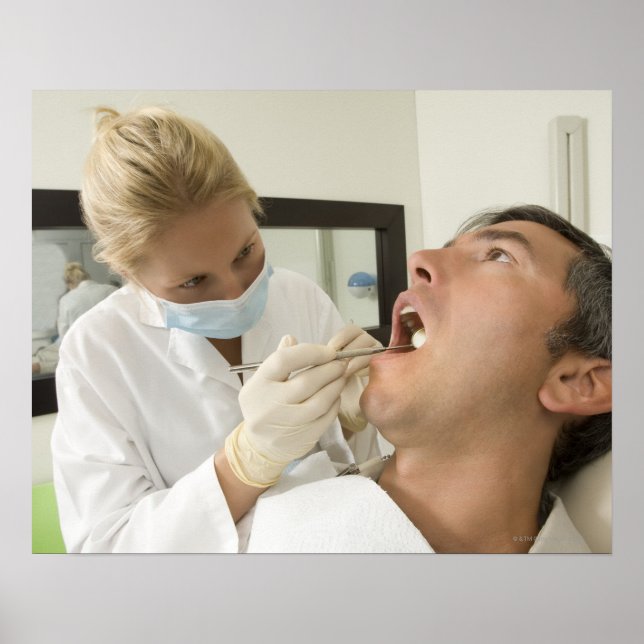 Female dentist examining man poster (Front)
