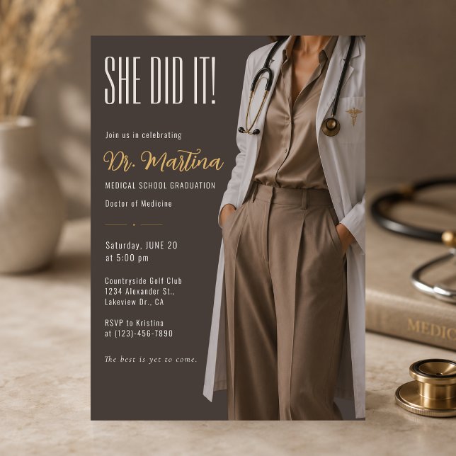 Female Doctor Graduation Invitation (Luxury female doctor graduation invitation with a modern editorial style and elegant mocha tones. 🤍)