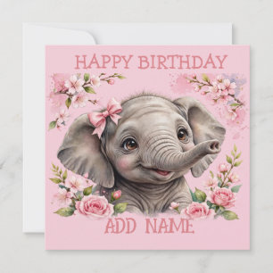 Female Elephant: Baby Animal Pastel bow & Flowers Card