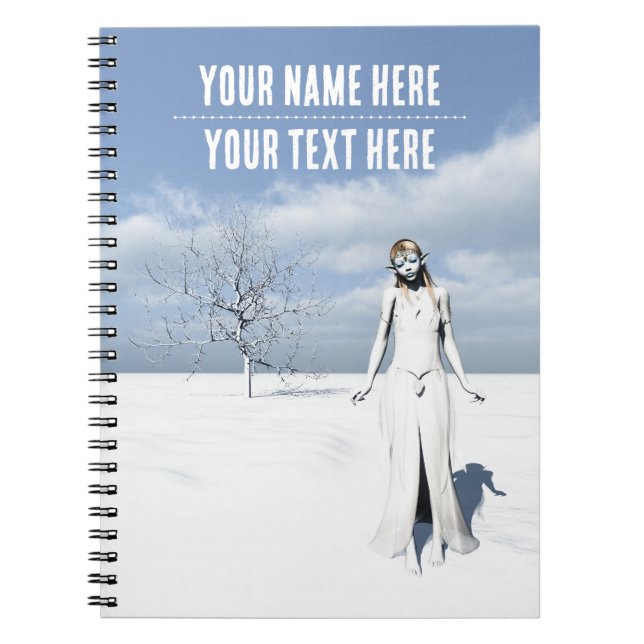 Female elf walking in the snow. Customisable text Notebook (Front)