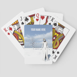 Female elf walking in the snow. playing cards