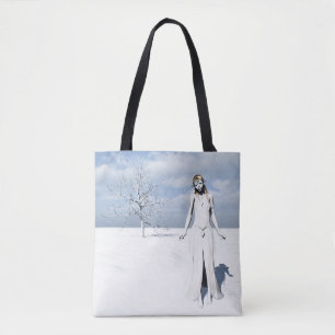 Female elf walking in the snow tote bag