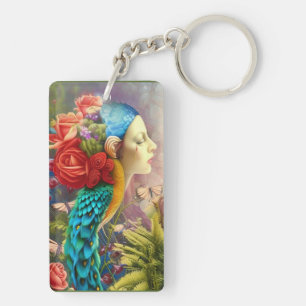 Female face with floral n peacock feathers   key ring
