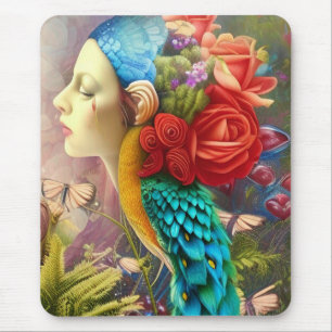 Female face with floral n peacock feathers mouse pad
