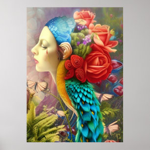 Female face with floral n peacock feathers   poster