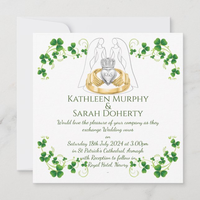 Female Female Claddagh Ring & Shamrocks Invitation (Front)
