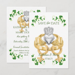 Female Female Irish Claddagh Ring and Shamrocks Save The Date