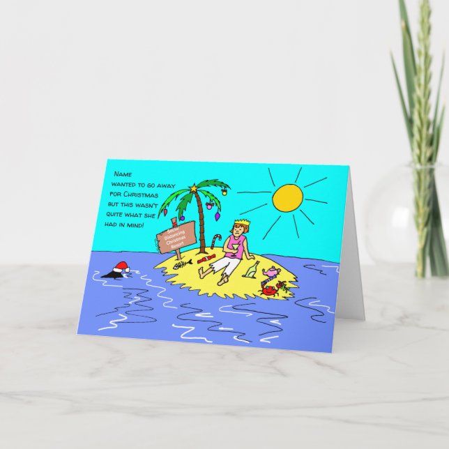 Female Funny Cartoon Desert Island Christmas Holiday Card (Front)