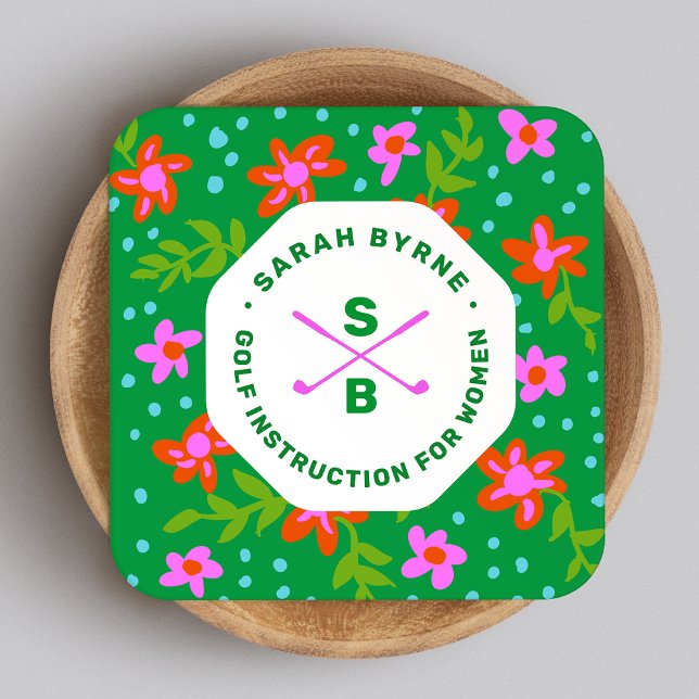 Female Golf Instructor Golf Pro Floral Monogram Sq Square Business Card (Creator Uploaded)