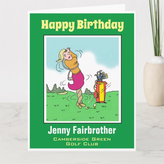 Female Golfer Gets in a Twist. Funny Golf Cartoon Card (Front)