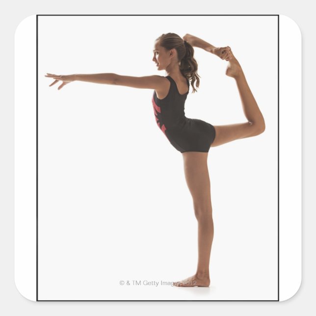 Female gymnast (12-13) balancing on one leg square sticker (Front)