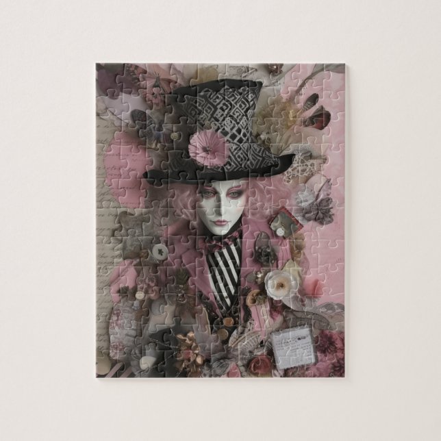 Female Hatter Pink Mixed Media Collage Jigsaw Puzzle (Vertical)