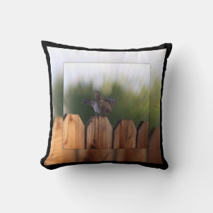 Female House Finch on Wooden Fence Digital Art Cushion