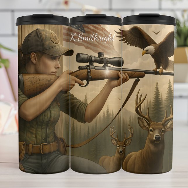 Female Hunter with Rifle and Deer Thermal Tumbler (Creator Uploaded)
