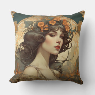Female illustration with Art Nouveau Cushion
