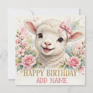 Female Lamb: Baby Animal Pastel bow & Flowers Card