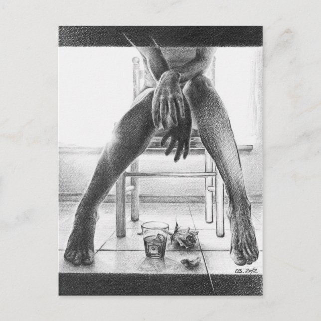 Female legs, glass and rose Pencil drawing art Postcard (Front)