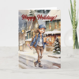 Female Letter Carrier Christmas Village Holiday Card