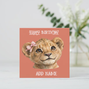 Female Lion: Baby Animal Pastel bow & Flowers Card