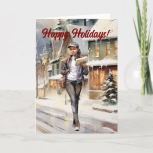 Female Mail Carrier Christmas Village Holiday Card