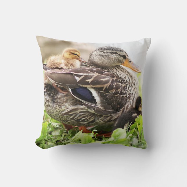 Female Mallard Surrounded By Ducklings Cushion (Front)